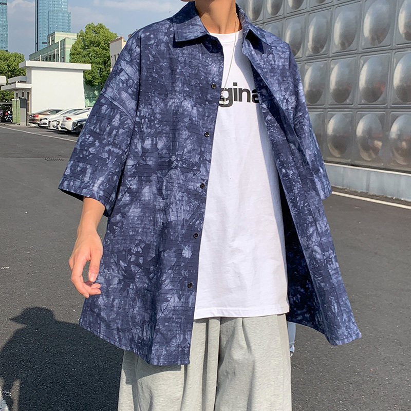 2021男女BF街头港风竹节纹扎染短袖印花衬衫  XZ229-1C8807 P45图片