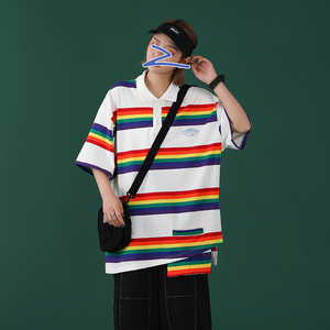 2021新款条纹情侣款港风男女宽松POIO短袖T恤 XZ229-1 T02图片