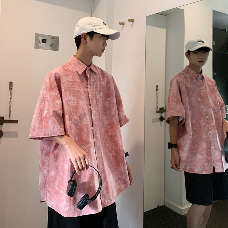 2021男女BF街头港风竹节纹扎染短袖印花衬衫XZ229-1C8807P45,男装衬衫,星座301A-2