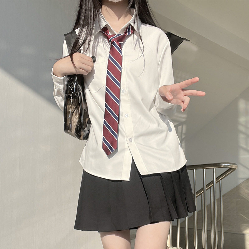 原创长袖风琴褶纯色衬衫女秋冬日系学院风制服奶白衬衣厂家批发