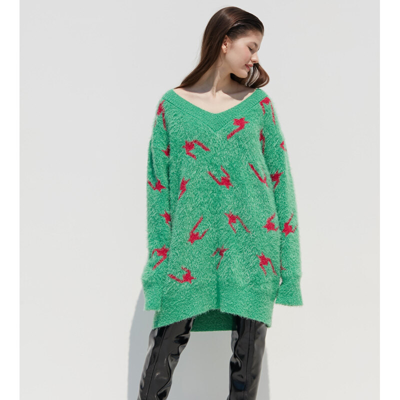 DEW E DEW E 19冬季韩国代购V领撞色可爱宽松长款针织毛衣|ruв категории Женская одежда, свитер - от Buy2taobao.com для оказания профессиональной услуги покупки агента Taobao