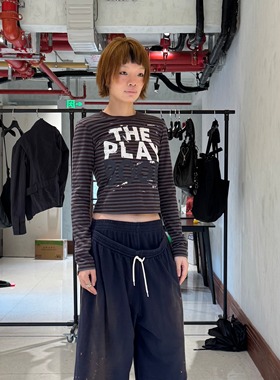 LCDC 25秋新款修身条纹撞色美式涂鸦印花长袖T恤 5号店韩国代购