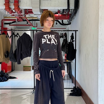 LCDC 25秋新款修身条纹撞色美式涂鸦印花长袖T恤 5号店韩国代购