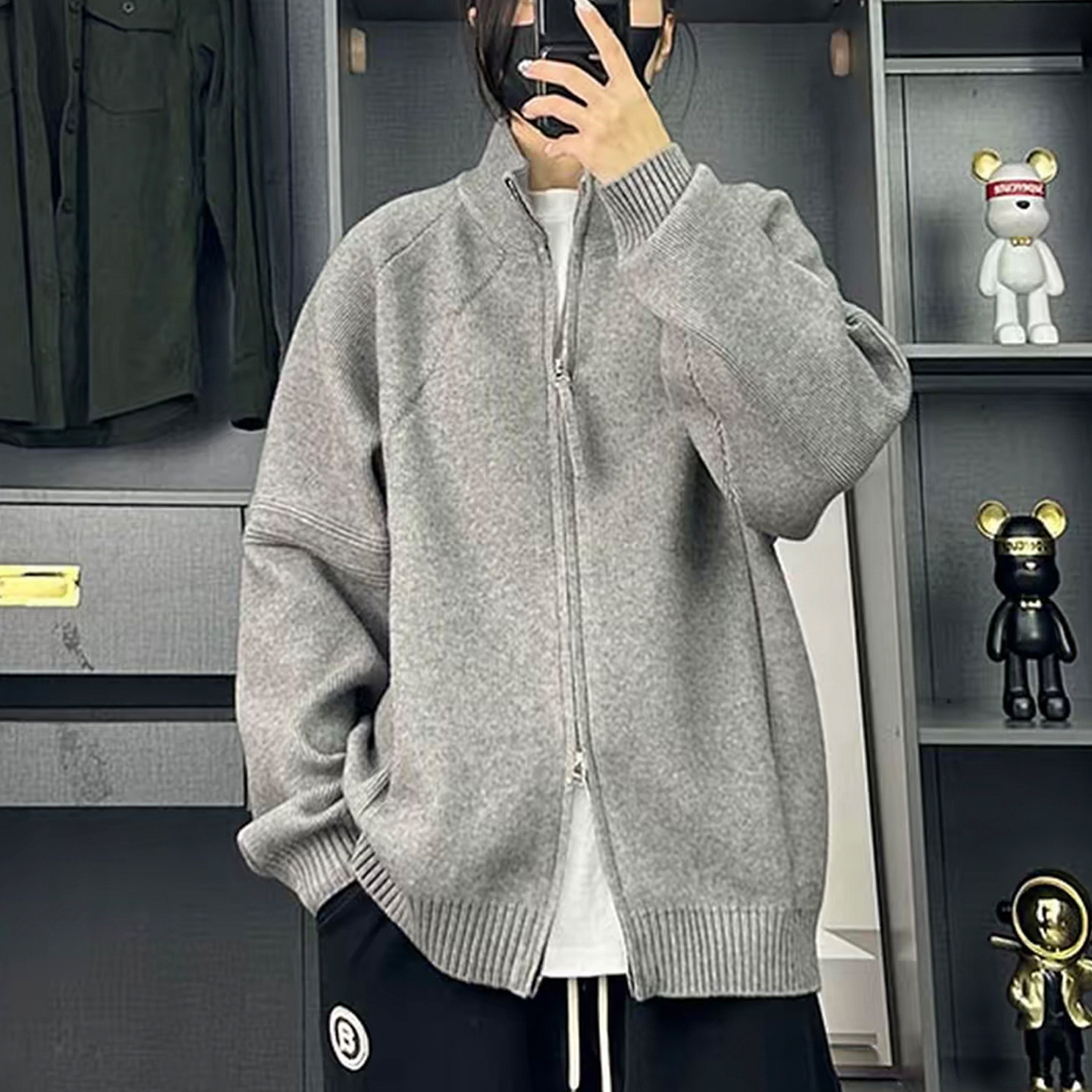 轻熟男士立领韩系双拉链针织毛衣外套秋冬季休闲宽松简约立领开衫