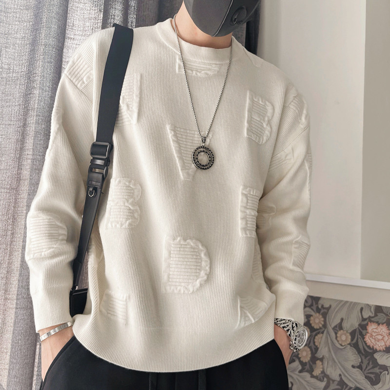 春秋新款高级字母毛衣男款慵懒风男士立体提花针织衫痞帅套头线衣