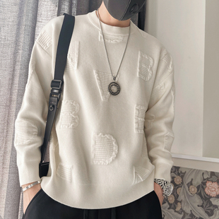 春秋新款高级字母毛衣男款慵懒风男士立体提花针织衫痞帅套头线衣