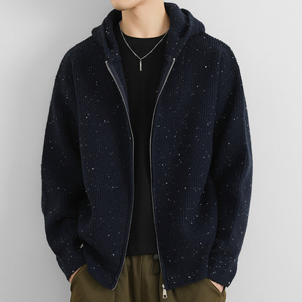 连帽拉链针织衫开衫男厚款秋冬季花线毛衣男外套宽松慵懒风毛线衣