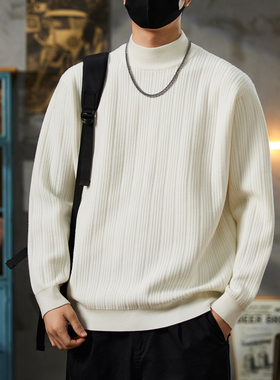 白色半高领毛衣男款轻熟风修身条纹针织衫秋冬休闲穿搭内搭打底衫