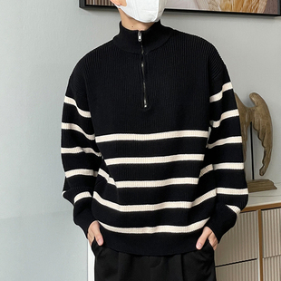 条纹毛衣男秋冬拼接高级感黑色宽松半拉链立领外套情侣装针织上衣