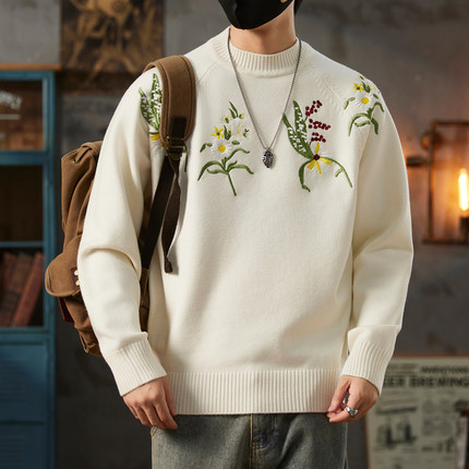 欧洲站潮牌轻奢个性花卉刺绣毛衣男冬季加厚保暖上衣圆领针织衫男