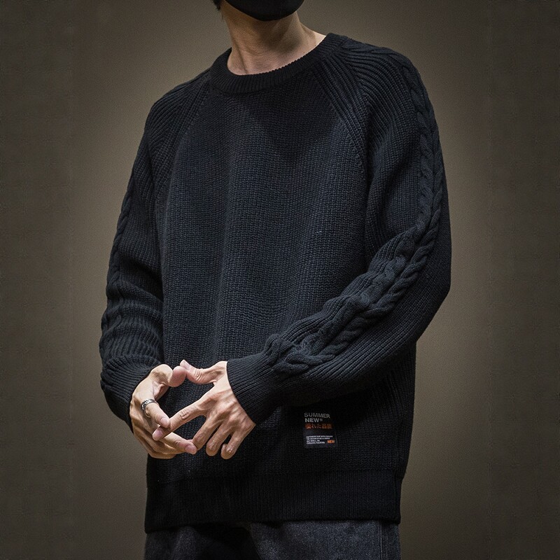 2025秋季新款黑色毛衣男日系绞花男装上衣男士宽松大码春秋针织衫