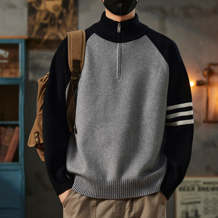 拼色插肩袖半高领开衫男款秋冬季韩版宽松tb毛衣针织外套运动休闲