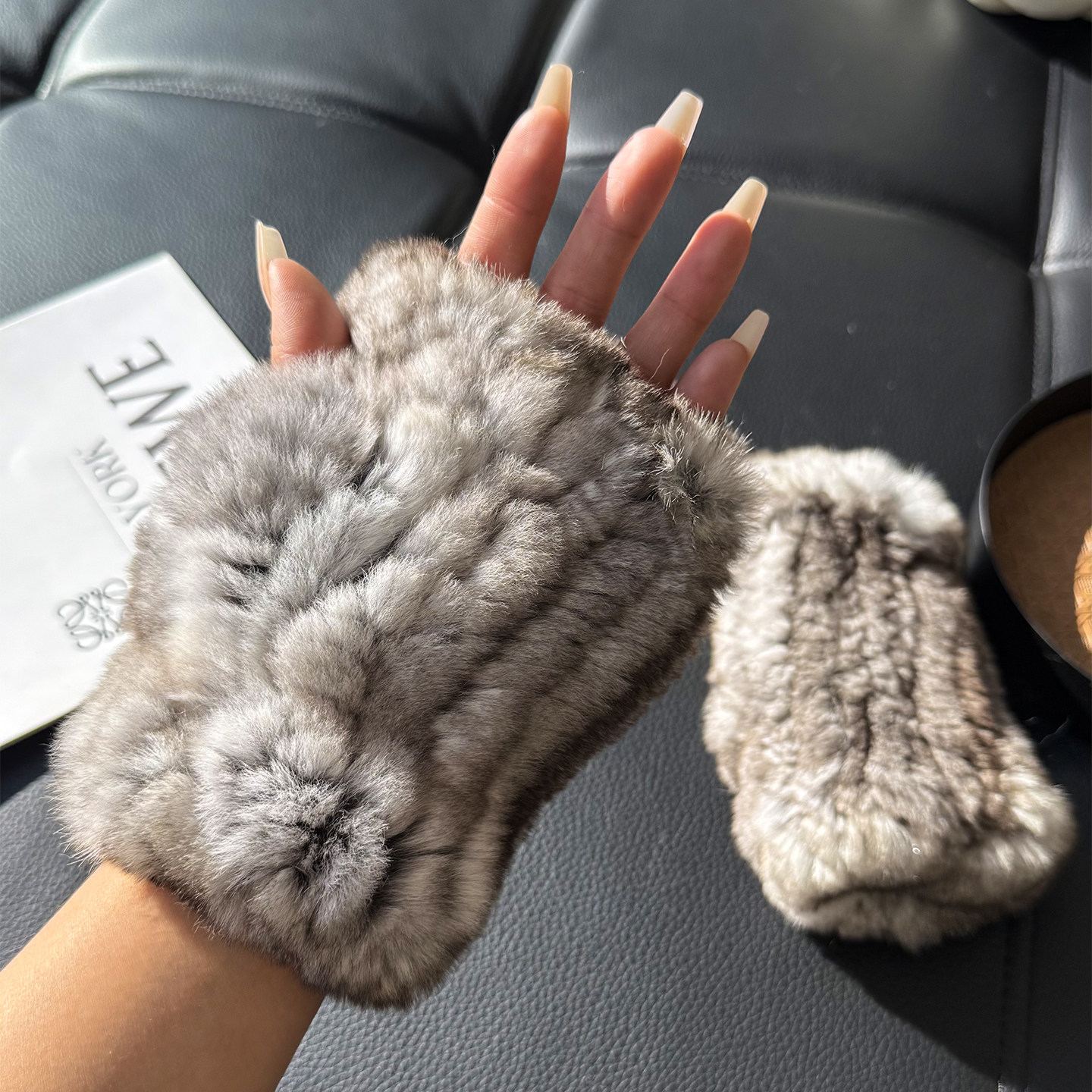 保暖加厚半指手套獭兔毛皮草女冬季可触屏漏指编织护手腕弹力手套