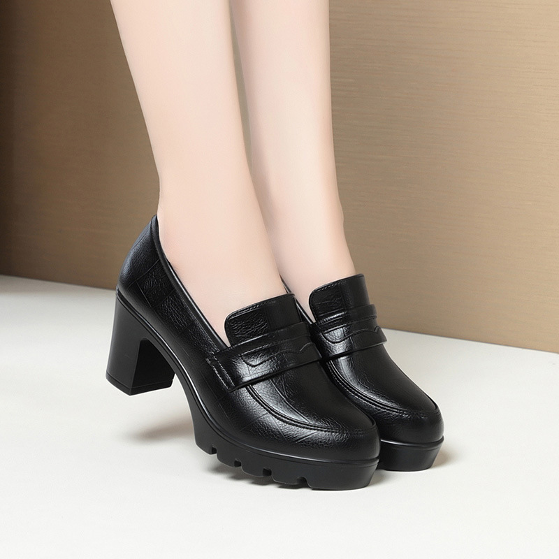 官方特卖正品高跟鞋妈妈鞋一脚蹬百搭厚底深口不累脚圆头皮鞋女防