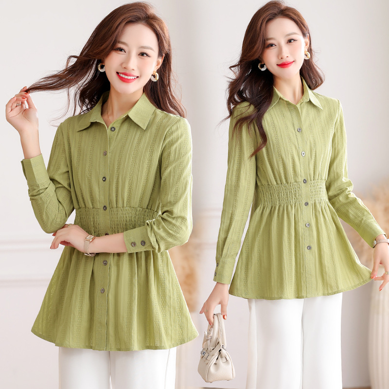 官方正品纯棉时尚提花收腰中长款开衫衬衫女春秋翻领洋气减龄气质