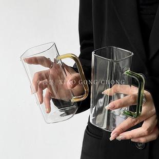 包邮 新疆 小众ins方形玻璃杯家用带把手水杯高硼硅耐热早餐杯牛奶