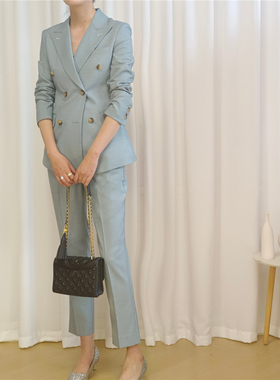 高级灰蓝色定制级别女士西装套装 通勤总裁通勤职业装气质细节款