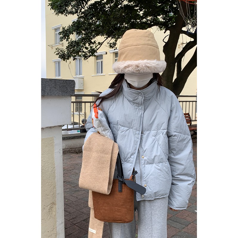 雾霾蓝色短款奶fufu的羽绒服女小个子立领设计感小众秋冬加厚外套