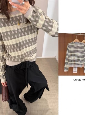openyy高品质2026早春新款露肩纽扣提花拼色条纹羊毛针织毛衣女