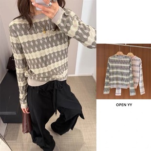 openyy高品质2026早春新款 露肩纽扣提花拼色条纹羊毛针织毛衣女