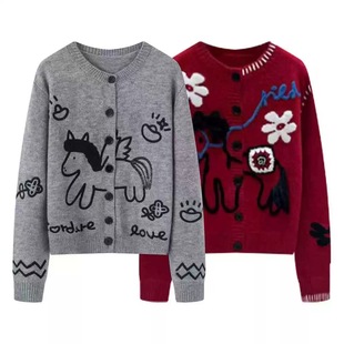 复古刺绣小马图案圆领针织小开衫 现货 新款 2026春季 马上有钱