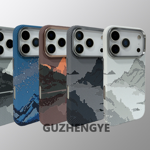 适用苹果iphone 雪山纹16pro max细腻颗粒感手机壳15pro max磁吸magsafe凯夫拉纹pc硬壳独立金属按键 17pro