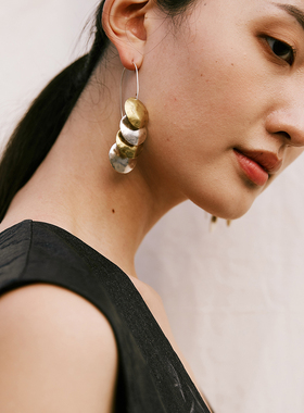 HDES原创设计手工制作925纯银黄铜拼色圆片夸张个性简约耳环耳饰