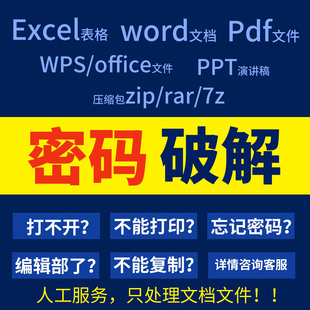 excel工作表格密码破解word文档zip压缩包pdf打印编辑口令office