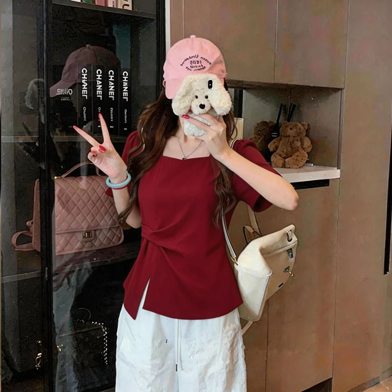 小个子微胖大码方领不规则短袖女图片
