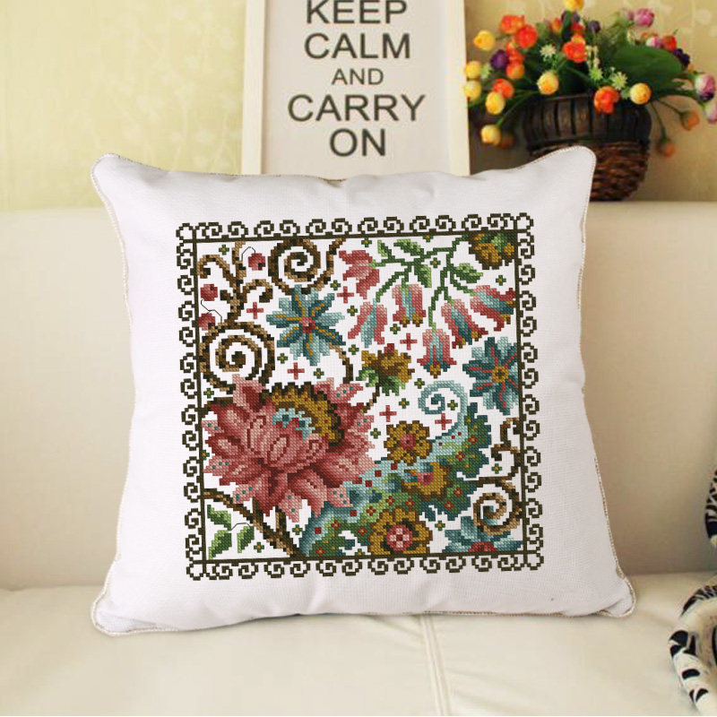 精准印花 DMC十字绣套件 客厅 抱枕靠垫 多色绣布 美丽花纹