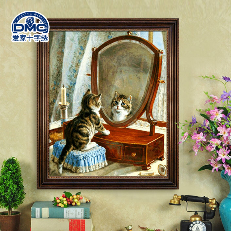 法国dmc十字绣照镜子的猫