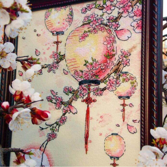 精准印花dmc十字绣套件中国宫廷风时尚 宫灯 朦胧的桃花 客厅花卉