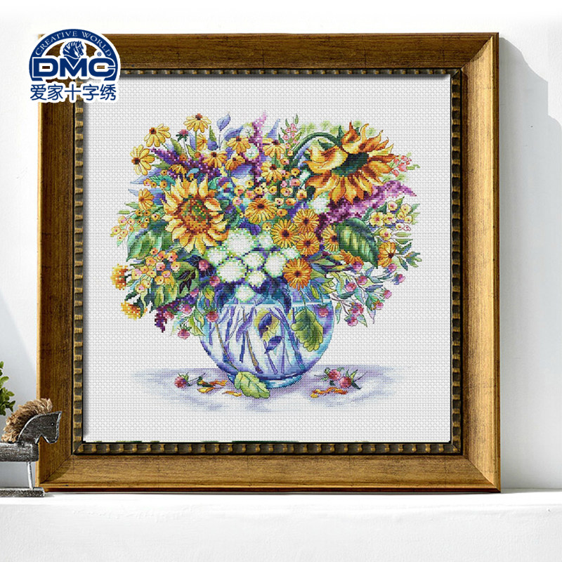 法国DMC十字绣套件 风景 客厅卧室 精准印花 炫紫向日葵花瓶
