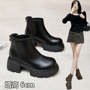 真皮厚底马丁靴女小个子粗跟短靴增高6厘米后拉链小靴子小码3233