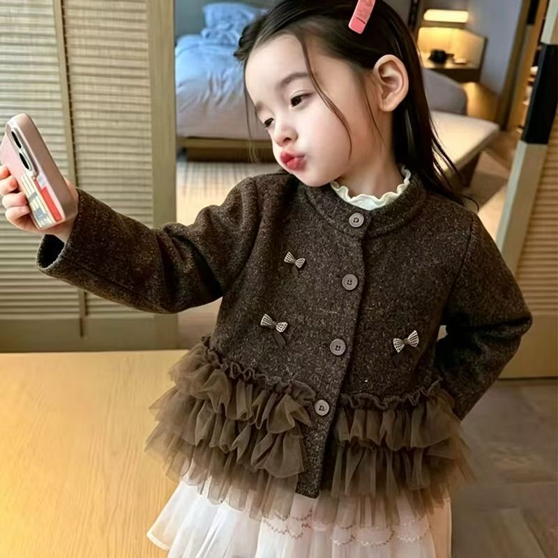 女童甜美风呢子开衫外套上衣春秋普通外套