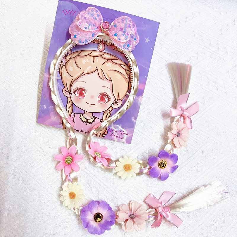 儿童假发辫子女童发箍女孩公主发饰蝴蝶结花朵双辫子头箍冰雪头饰