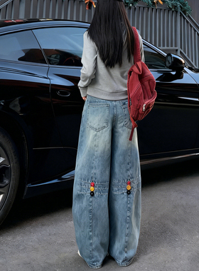 小个子蓝色牛仔裤女2025年冬季新款爆款裤子加绒弯刀裤宽松直筒裤