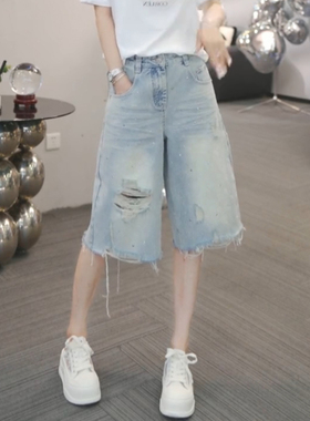 小个子蓝色牛仔裤女2026年夏季新款裤子时尚烫钻破洞五分直筒短裤