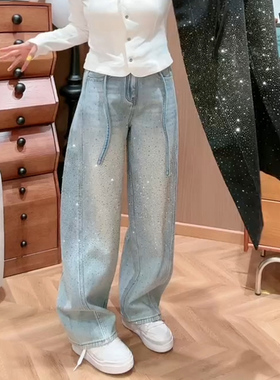 小个子蓝色牛仔裤女士2025年冬季新款裤子加绒加厚烫钻弯刀直筒裤