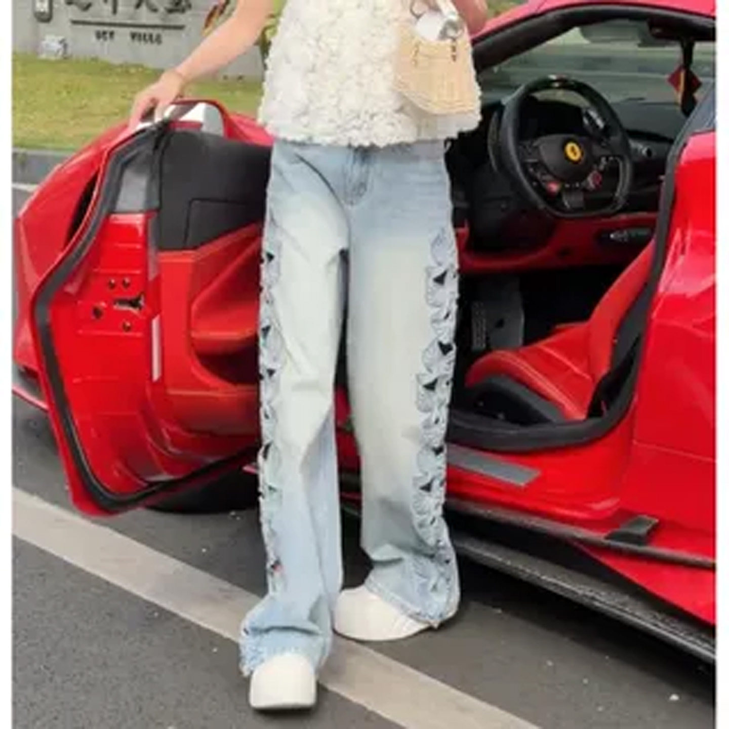 小个子蓝色牛仔裤女士2026年夏季新款爆款裤子时尚镂空直筒裤宽松