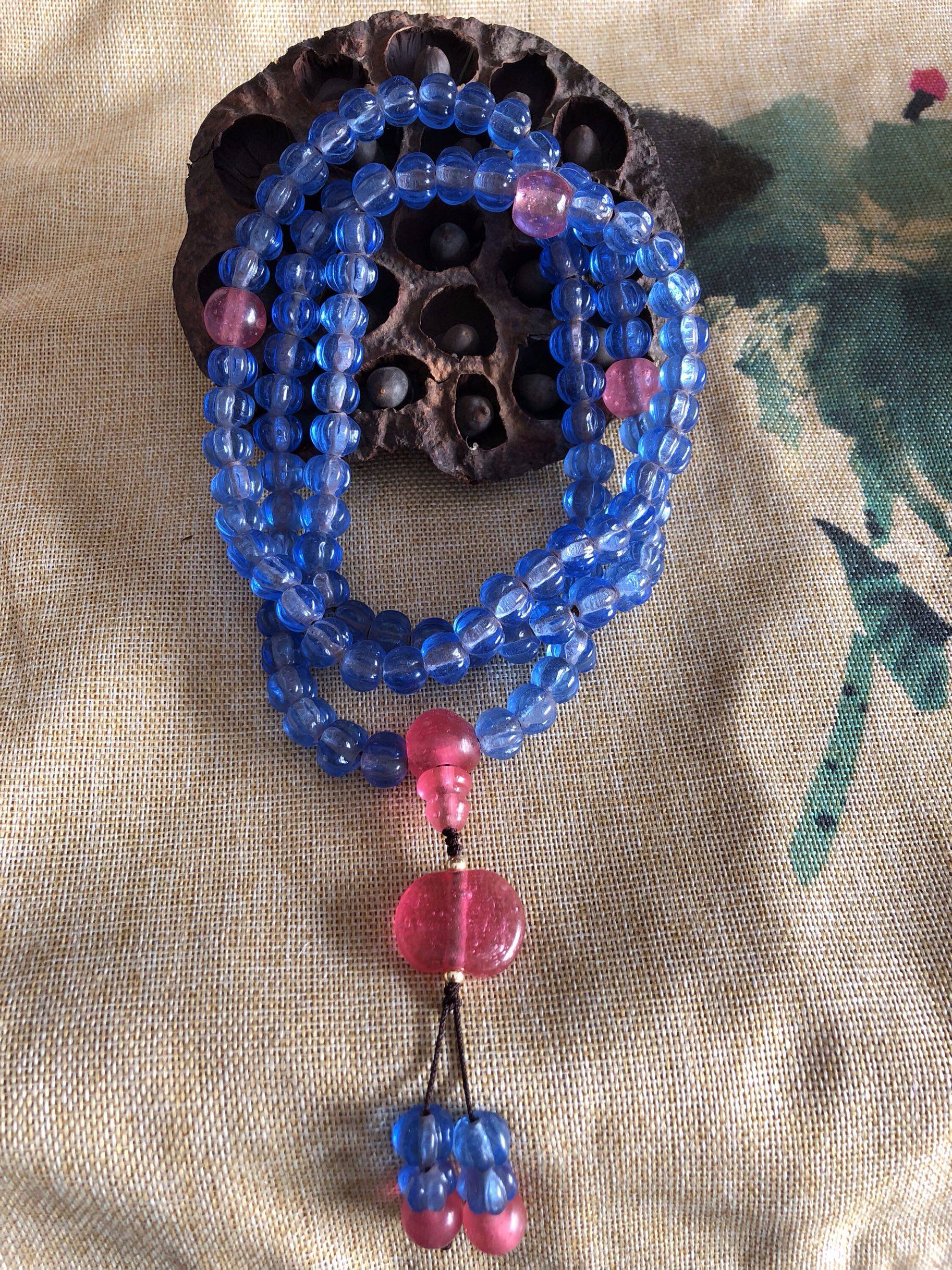 博山老琉璃珠子diy散珠纯手工老货天蓝雾霾蓝色瓜楞灯笼珠10mm