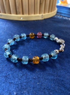 清代异形老琉璃珠子海蓝色8-10mm藏式手工不规则压花雕花项链手串