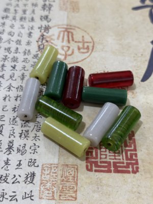 博山老琉璃藏品民国古法纯手工老琉璃珠勒子长管多色30*11mm配珠