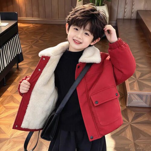 童装男童秋冬款加绒加厚翻领外套2026新款儿童拜年服保暖棉服冬装