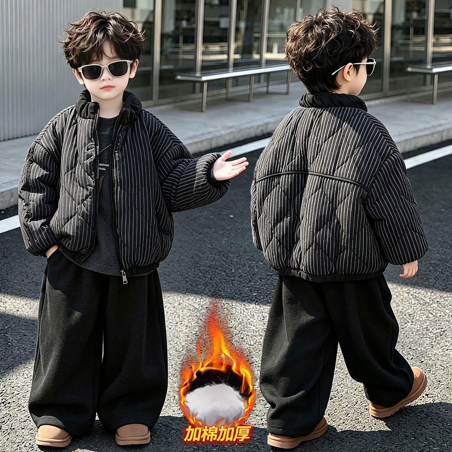 男童加绒套装加厚三件套棉衣外套秋冬季2026新款儿童冬装棉服宝宝