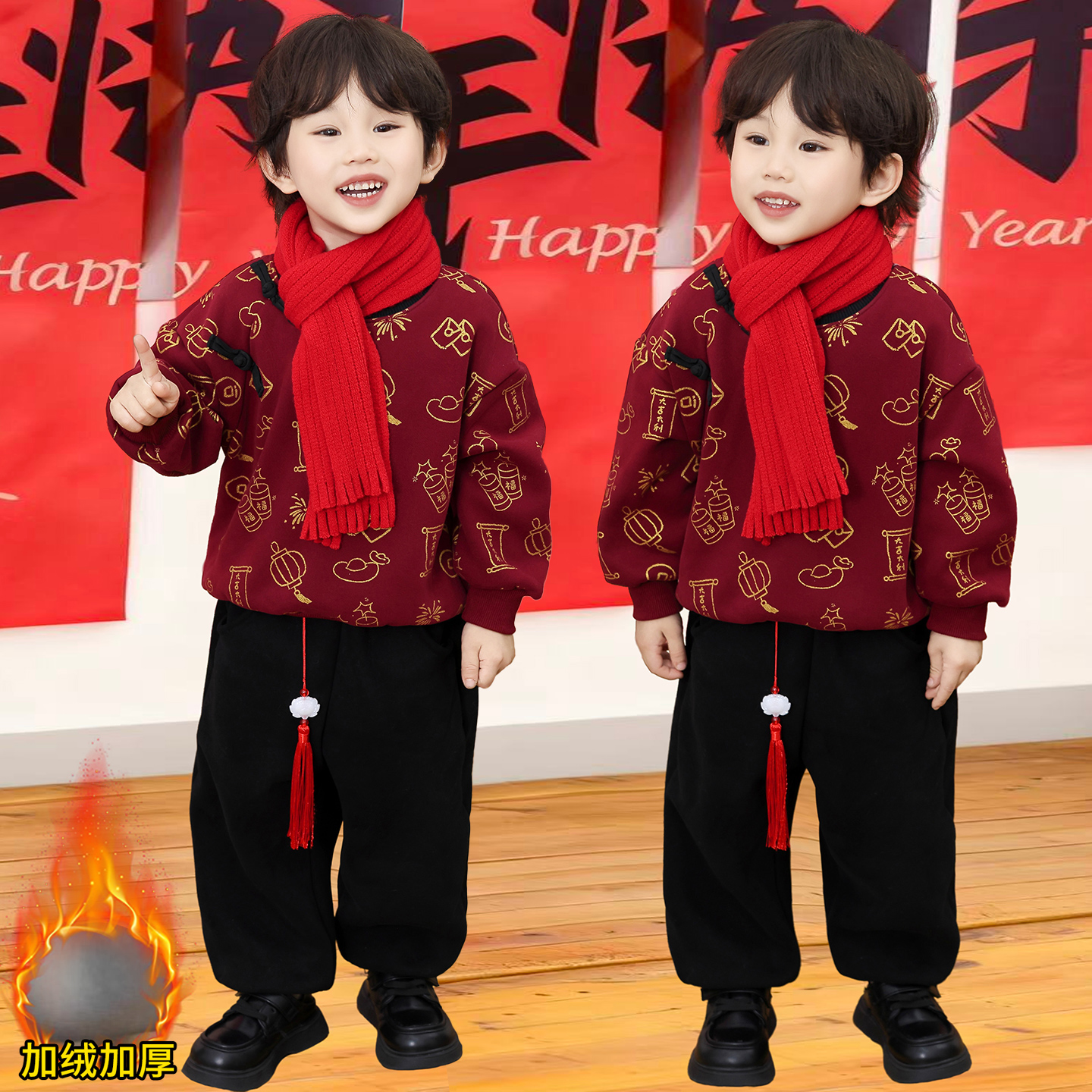 男童冬季唐装加绒加厚两件套