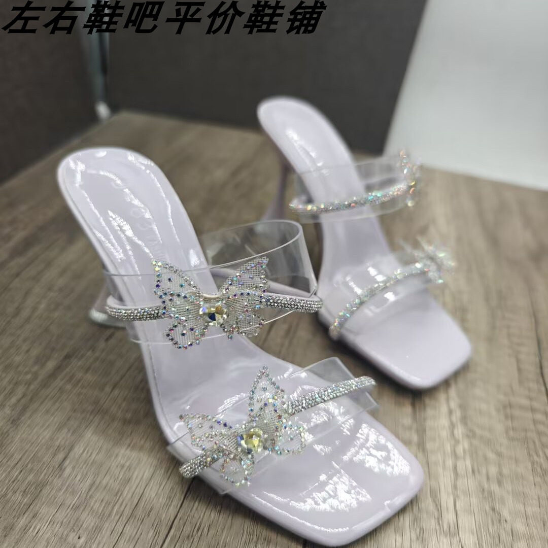 2025新款粗跟水钻蝴蝶结一字带女鞋凉拖鞋仙女风方头露趾凉鞋