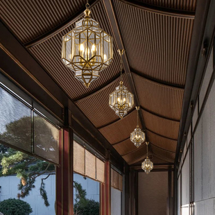 美式入户门厅全铜吊灯别墅阳光房凉亭灯笼走廊楼梯阳台玻璃焊锡灯