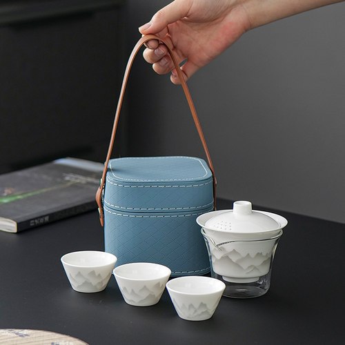 白瓷旅行茶具便携式一人陶瓷快客杯一壶三杯户外露营手抓功夫茶壶