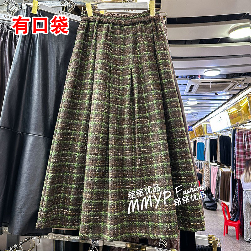 高货！复古加厚毛呢格子半身裙